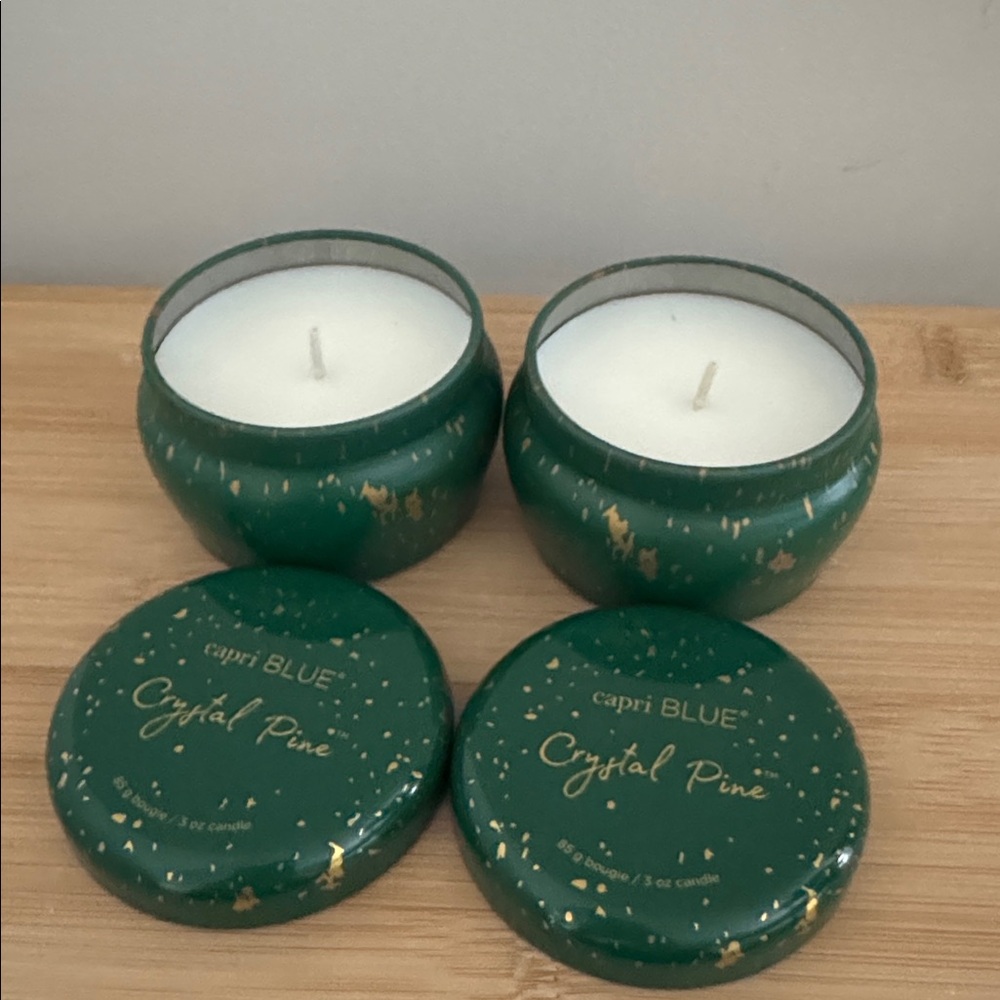 Set two candle Capri Blue Glimmer Mini Tin - Crystal Pine -Green and Gold (3 oz)